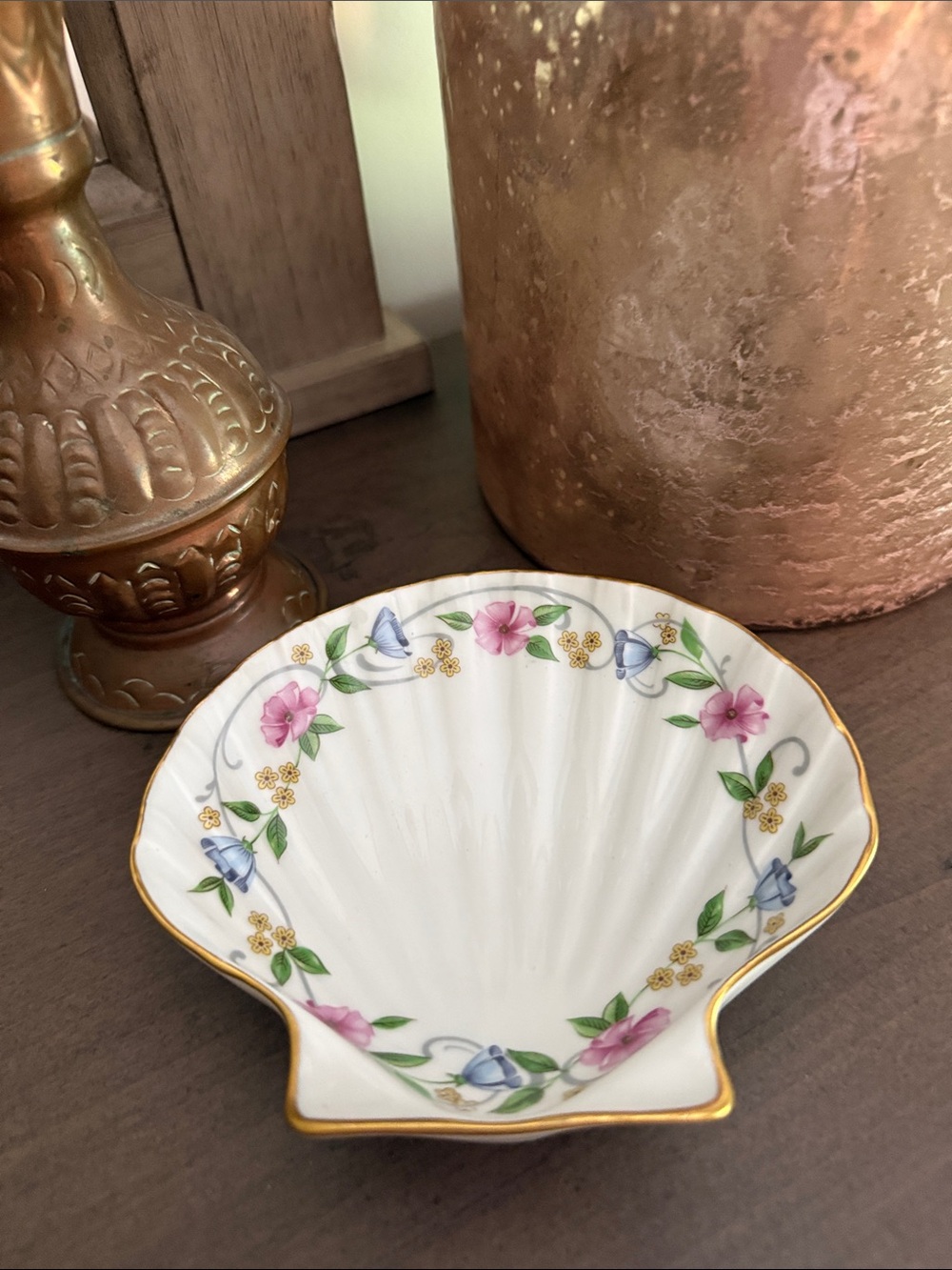 Limoges Shell Dish with Pink, Blue & Gold Floral Border